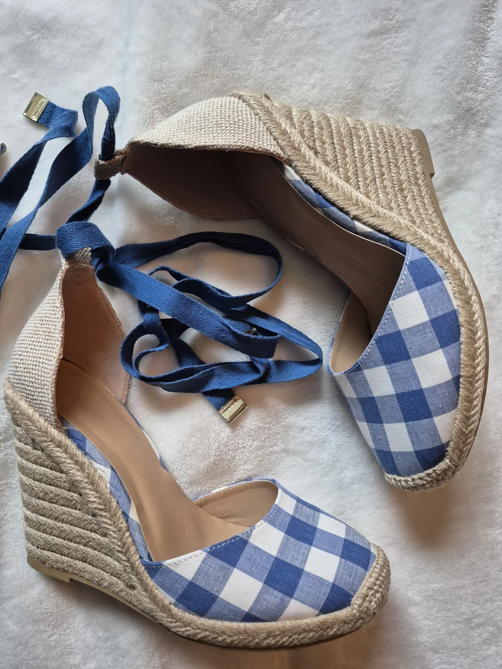 JustFab Blue and White Gingham Espadrille Wedge Sandals with Ankle Wraps